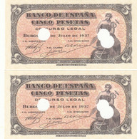 CRBP0002 PAREJA CORRELATIVA BILLETES ESPAÑA 5 PESETAS 1937 TROQUELADOS SIN CIRCULAR 240 - Sonstige & Ohne Zuordnung