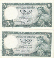 CRBP0003 PAREJA CORRELATIVA BILLETES ESPAÑA 5 PESETAS 1954 SIN SERIE SIN CIRCULAR 22 - Autres & Non Classés