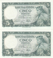 CRBP0004 PAREJA CORRELATIVA BILLETES ESPAÑA 5 PESETAS 1954 SIN SERIE SIN CIRCULAR 22 - Sonstige & Ohne Zuordnung