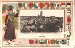 CPA Suisse (Fribourg) Freiburg - Armoiries Cantonales Et Costume Folklorique 1912 Couleur, éd. H. Guggenheim, Zürich - FR Fribourg