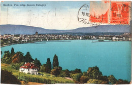 CPA Suisse Genève - Vue Vers Genève Prise Depuis Cologny, Couleur, Flamme "+ + + Villégiature En Suisse" Scan Rectoverso - Cologny