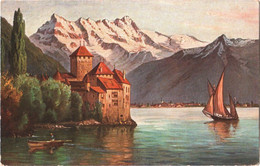 CPA Suisse (Vaud) Veytaux - Château De Chillon Et La Dent Du Midi TBE Dessin Couleur 1907 T.S.N. Mit - Veytaux