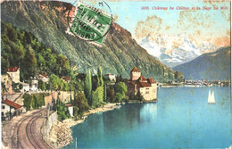 CPA Suisse (Vaud) Veytaux - Château De Chillon Et La Dent Du Midi, Obl. AMBULANT/Ambulatoire 1911 Couleur 2 Scans - Veytaux