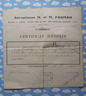 CERTIFICAT DE PRESENCE D'EMPLOI DE TRAVAIL DE LA SOCIETE FARMAN AEROPLANES  1916 - 1900 – 1949