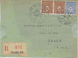 DEVANT DE LETTRE  JOURNEE DU TIMBRE AFFRANCHIE N° 622 PAIRE+ N°627   AVEC CACHET CONCORDANT MAMERS 9 DEC 1944 - Cachets Provisoires