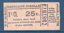 Ticket Ancien Compagnie Générale Des Omnibus. 1ère Classe Madeleine - Bastille - Europe