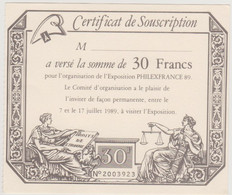 FRANCE 1989 CERTIFICAT DE SOUSCRIPTION Pour L'Organisation PHILEXFRANCE Numéroté TB - Souvenir Blocks & Sheetlets