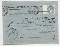 FRANCE BLANC 1C ARDOISE BDF SEUL ENVELOPPE CONTRIBUTIONS DIRECTES NEUILLY 1925 + RETOUR AU TARIF - 1900-29 Blanc