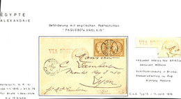 1876 Paire 15c CERES Obl. ALEXANDRIE EGYPTE + VIA BRINDISI En Rouge Sur Enveloppe Pour LYON. TTB. - Storia Postale