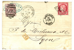 1875 Affrt Mixte GRANDE BRETAGNE 2 1/2d Obl. G06 + BRITISH POST OFFICE BEYROUTH + FRANCE 80c CERES Obl. GC 5080 + ALEXAN - Storia Postale