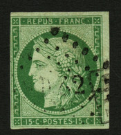 15c Vert (n°2) Obl. Filet Effleuré En Haut Mais Intact. Cote 1100€. Signé SCHELLER. TTB. - 1849-1850 Ceres