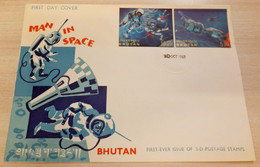 Bhutan 1967 Man In Space 3d (first Ever Issue Of 3d Postage Stamp) 2v Official FDC Very Rare - Bhoutan