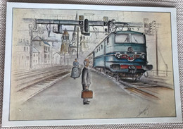 Train Dijon Ville Gare Le Mistral Tiré Par Une CC 7100 -aquarelle Phillipe Perreard-ferrographe - Stazioni Con Treni