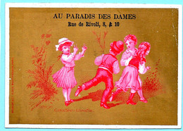 Chromo Au Paradis Des Dames. Calendrier 1878, Ier Semestre. Giroflée-Giroflin. Enfants En Rouge, Fond Doré. Imp. Ponsot - Kleinformat : ...-1900