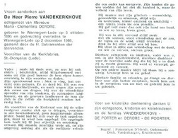 Doodsprentje Vandekerkhove Pierre   	05-10-1895 Wannegem-Lede	02-12-1988 Wannegem-Lede	Echtgenoot Van Maria Cl. Derore - Décès