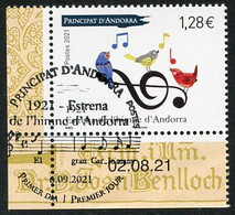 ANDORRA (2021) 1921 Estrena De L'himne D'Andorra, Himno, Music, Anthem, Hymne, Musique, Oiseau, Birds, Notes - First Day - Oblitérés
