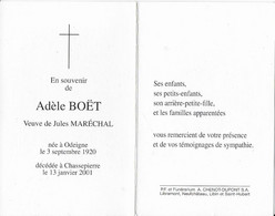 CHASSEPIERRE ..-- Mme Adèle BOET , Veuve De Mr Jules MARECHAL , Née à ODEIGNE En 1920 , Décédée En 2001 . - Florenville