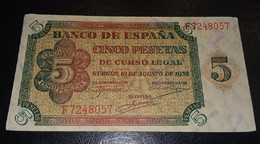 ESPAÑA.  EDIFIL 435a. 5 PTAS 10 DE AGOSTO DE 1938.  SERIE F.  CONSERVACIÓN EBC. - 5 Peseten