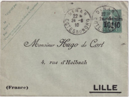 SEMEUSE LIGNEE - 1910 - ENVELOPPE ENTIER SURCHARGEE 123X96 DATE 507 REPIQUAGE "HUGO De CORT" LILLE Au DEPART De DINAN - Enveloppes Repiquages (avant 1995)