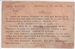 SEMEUSE CAMEE - 1914 - CP ENTIER Avec REPIQUAGE "BISCAYE VITICULTEUR" à BEZIERS (HERAULT) => VIC LE COMTE - VINS - Overprinter Postcards (before 1995)