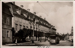 ! 1935 Alte Ansichtskarte Bad Warmbrunn In Schlesien, Riesengebirge, Schloß, Straßenbahn, Tram - Schlesien