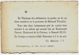 649 -FAIRE PART-de Mr TROUILLET Edouard 18 Avril 1898  * INVITATION  A L'ENTERREMENT DE VIE DE GARCON ** - Unclassified
