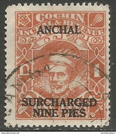 Cochin - 1944 Sir Kerala Varma ANCHAL SURCHARGED 9p/1a Used   Sc 78  SG 92b - Cochin