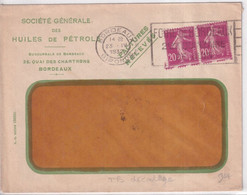 SEMEUSE CAMEE 20c Avec VARIETE DECALAGE (ENCRAGE En BAS) ! - 1932 - ENVELOPPE Des HUILES De PETROLE De BORDEAUX - 1906-38 Sower - Cameo