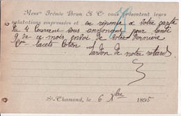 1895 - TYPE SAGE - CARTE ENTIER 10c Avec REPIQUAGE "IRENEE BRUN & Co" De ST CHAMOND (LOIRE) - Postales  Transplantadas (antes 1995)