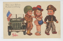 Illustrateur ENFANTS - LECLERC - Jolie Carte Fantaisie Fillettes Avec Soldat Américain Et Jeep "Mon Coeur Balance  " - Leclerc