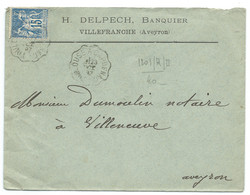 15c SAGE SUR ENVELOPPE / TOULOUSE A CAPDENAC 1897 POUR VILLEFRANCHE / BANQUE DELPECH - 1877-1920: Semi Modern Period