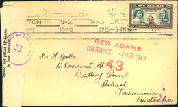 1940, Letter With Machine Cancellation And New Zealand Censor To Hobart Tasmania - Unclassified