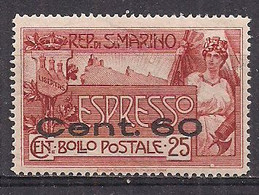 SAN MARINO 1923 ESPRESSI  FRANCOBOLLO SOPRASTAMPATO SASS. 3 MLH VF - Express Letter Stamps