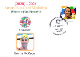 (1A25) 2020 Tokyo Summer Olympic Games - Australia Gold Medal FDI Cover Postmarked TAS Hobart (swimming) - Eté 2020 : Tokyo