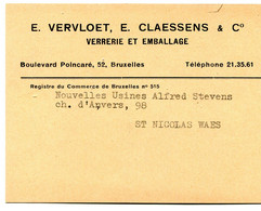 1940 Ongefrankeerde Kaart Van E. VERVLOET & E. CLAESSENS Verrerie Et Emballage Bruxelles - - ...-1959
