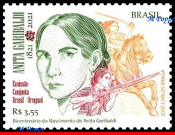 Ref. BR-V2021-11 BRAZIL 2021 - FAMOUS PEOPLE, JOINT ISSUE WITH URUGUAY,, ANITA GARIBALDI, HEROINE, HORSE, MNH,1V - Berühmt Frauen
