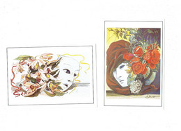 Lot 2 Cpm - Illustration DRUSY Artiste Peintre Tête Femme Masque Coiffure Fleurs Miroir - Piem