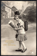 F3767 - Glückwunschkarte Schulanfang Kleines Mädchen Mit Zuckertüte Schultüte Mode Vintage - Premier Jour D'école