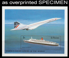 ST.VINCENT 1989 Ship Queen Elizabeth 2 Concorde SPECIMEN Airplane Sheetlet France-Britain Related - Concorde