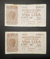 Italy 1944: 2 X 1 Lira Consecutive Serial Numbers - Italia – 1 Lira