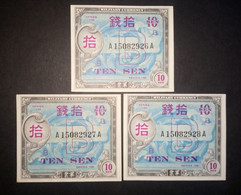 Japan 1945: Military Currency 3 X 10 Sen With Consecutive Serial Numbers - Japon