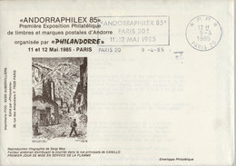 1985 ANDORRA , SOBRE CON MAT. CONMEMORATIVO , " ANDORRAPHILEX 85 " EXPOSICIÓN FILATÉLICA EN PARIS - Storia Postale