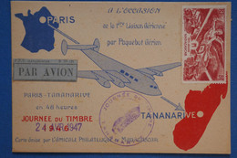 AA8 MADAGASCAR  BELLE CARTE  1947 AEROPHILATELIE  PARIS  POUR  TANANARIVE+ TP NEUF + AFFRANCH. PLAISANT - Poste Aérienne