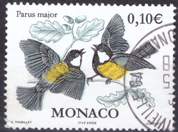 Monaco, 2002, Papillons Et Oiseaux, Mésange Charbonnière, 0,10 Eur ⊚ - Gebraucht