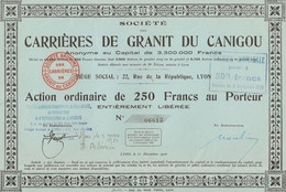 CARRIERES DE GRANIT DU CANIGOU - 1 ACTION ORDINAIRE DE 250 FRS -ANNEE 1926 - Mijnen