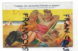 Parents Et Enfants à La Plage. Chaises Longues, Pelle, Seau, Pipe. Signée Taylor. 1959 - Taylor