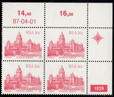 South Africa - 1987 Architecture Definitive 16c Control Block 1839 87.04.01 (**) # SG 521a - Hojas Bloque