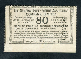 Jeton-papier De Nécessité 1880 "Reçu De 0.50 Centimes - The General Expenditure Assurance Company - Paris" - Notgeld