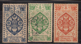 3v France, French India 1942, Used, Lotus, Flower, Plant, Christianity Holy Cross, - Used Stamps