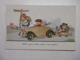 Illustrateur Signé ZAHL H. - Enfants Voiture Remorque Charrette Auto-stop Belle Automobile Décapotable - Animal Cochon - Zahl, H.
